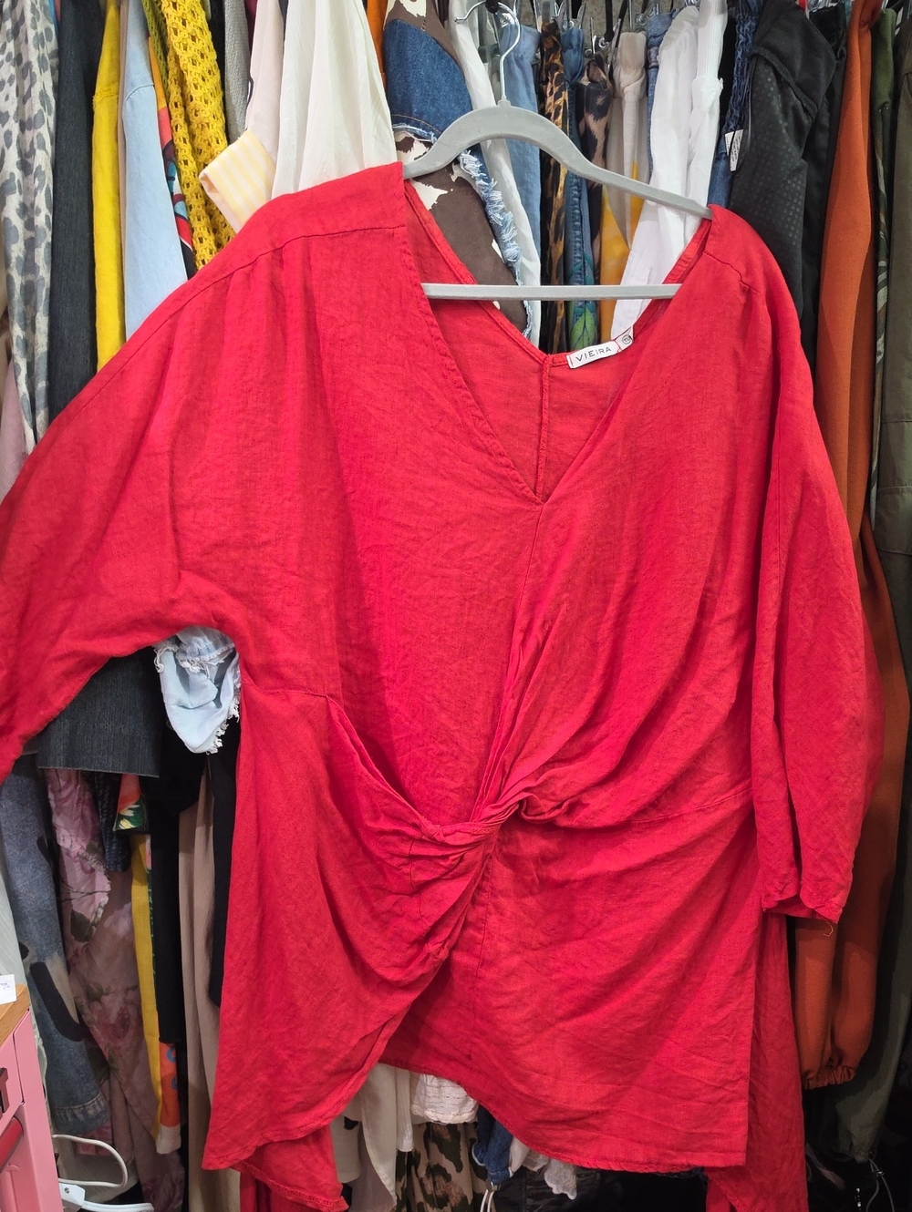 Linen Red Twisted Front V-Neck Women's Top
